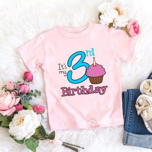 Girls Pink Tshirt Number 2-9 Cupcake Printed Graphic Tees Baby Children Birthday Gift Top T Shirt Cute Kids Clothes 2 to 9 Years