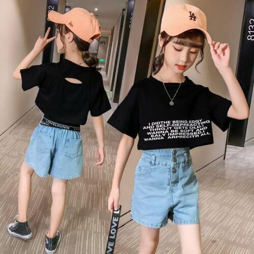 New Kids Girls Clothes Set Summer Girl Crop Tops T-shirt + Denim shorts 2pcs Girl Outfits Baby Girls Clothing 4 5 710 to 12 year