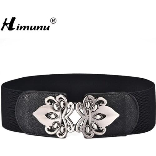 [Himunu] Fashion Brand Cowskin Belts For Women Elasticity Band Surface Patent Bow Buckle Female Waistband Wide 4 Color Girdle