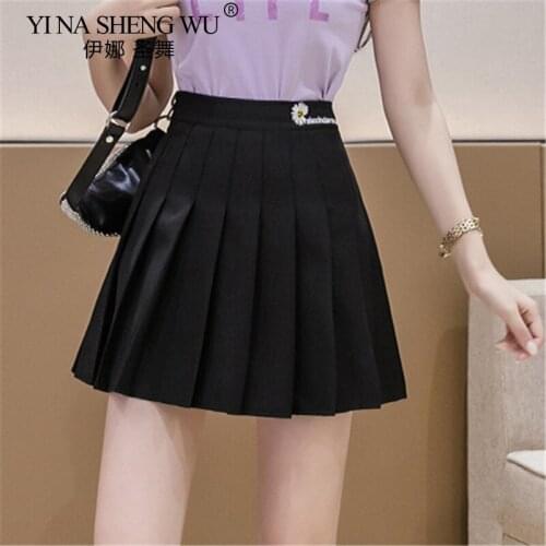 Summer Black White High Waist Pleated Skirts Little Chrysanthemum Pleated Skirt Women JK School Uniform Cute Mini Solid Skirt
