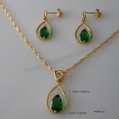 /MIN ORDER 10$ - - GOLD COLOR GREEN / BLUE / BLACK / ZIRCON STONE VIVID WATER DROP SHAPE PENDANT 18" NECKLACE EARRING SET