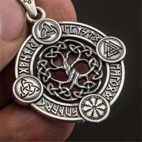 Viking Fashion Vintage Hollow Tree of Life Celtic Knot Celtic Triangle Compass Futhark Runes Amulet Pendant Necklace for Men