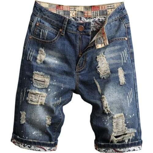 Men Jeans Retro Summer Ripped Slim Denim Shorts Jeans Destroyed Hole Plus Size Casual Pocket Fifth Pants