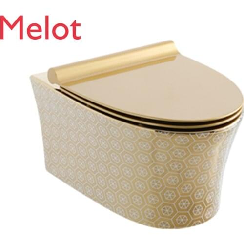Rimless Wall Hung Ceramic Chinese Luxury Gold Color Bathroom With UF Soft Close Seat Cover toilet