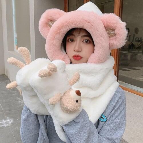 New Women Cute Bear Wear Hat High Quality Add Fur Lined Loosely Winter Hat Stylish Knitted Beanie Hats For Women Warm Cap