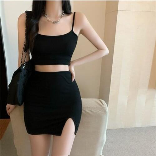 Solid Shorts Sets Sexy Slit Skirt Two Piece Set Women Summer Split 2021 New Bareback Black 2 Piece Sets Camisole Tight Dress