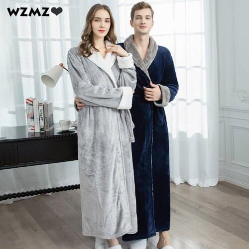 Autumn Winter Couples Flannel Pijama Lengthen Thicken Warm Bathrobes Cozy Soft Loose Kimono Nightgown Stitching Fur Collar Robe