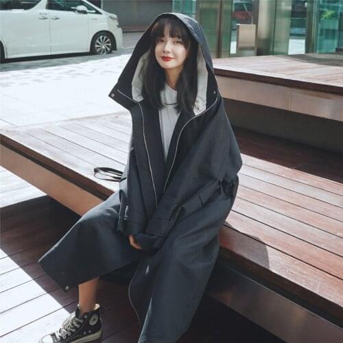 Casual Windbreaker Womens Mid-length Over the knee 2020 New Fashion Hooded Loose Spring Autumn Long Trench Coat For Women b697