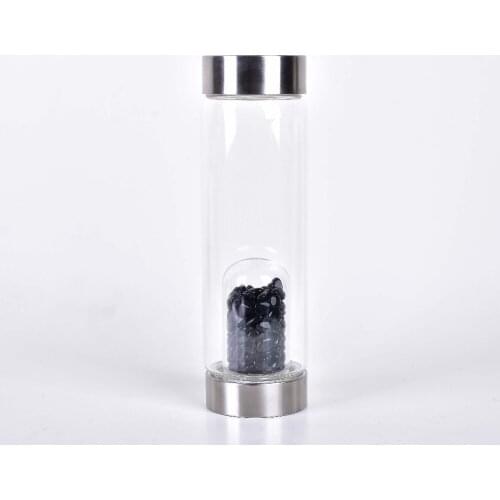 Drop shipping Crystal Infused Black Obsidian Gemstone Rose gold Lid Stainless Steel Water Bottle