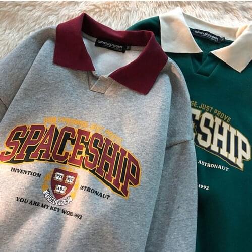Hip Hop Vintage Green SPACESHIP Badge Printed POLO Shirt Sweatshirt Women Streetwear Tops Plus Size Clothes for Teens New Autumn