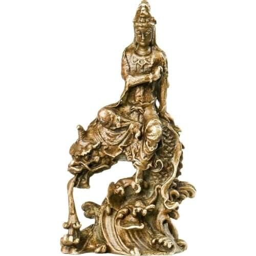 Pure copper pocket dragon riding Guanyin ornament antique bronze statue of Guanyin