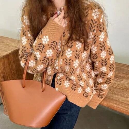 Spring Autumn Print Sweater Women Vintage O-Neck Knitwear Cardigans Jacket Korean Style Soft Floral Long Sleeve Harajuku Sweater
