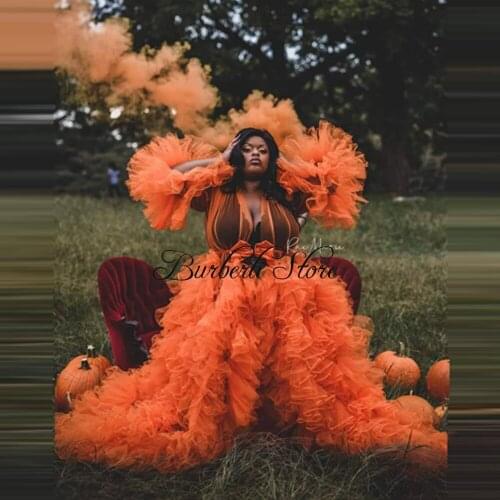 Unique Orange Mesh Ruffles Prom Gowns To Photography Very Fluffy Lush Tulle Party Dresses See Thru Long Women Robes Plus Size