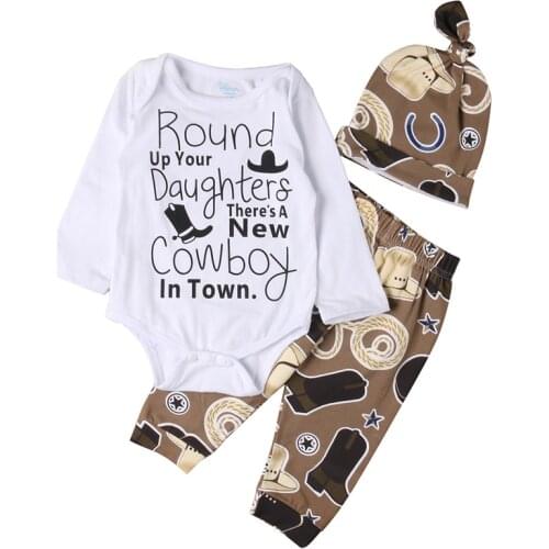 Cowboy baby girl boy Clothes Set 3PCS Newborn Infant Baby Cotton Letter Long Sleeve Romper+Print Pants+Hat Outfits