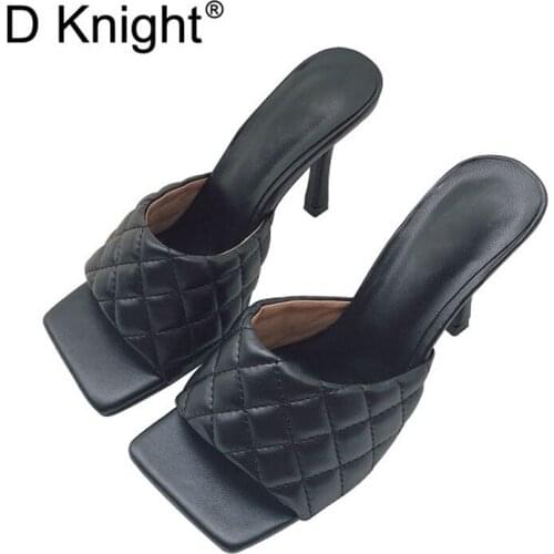 Vintage Square Toe Slipper Sandals Women Solid Gingham High Heel Womens Sandals Block Heel Ladies Shoes Women Slide Black White