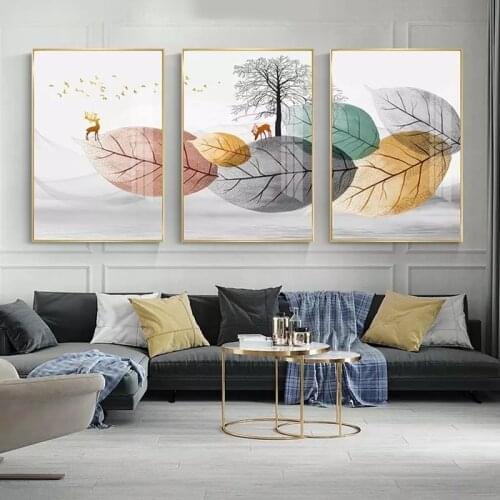 Nordic Paved Road with Leaves Canvas Painting Elk and Forest Wall Art Modern Landscape Posters and Prints Minimalism Home Decor