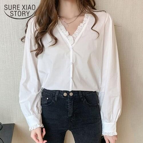 2020 Autumn White Puff Long Sleeve Chiffon Shirt Women Casual Plus Size Lace Women Blouse V-Neck Cardigan Ladies Clothing 10621