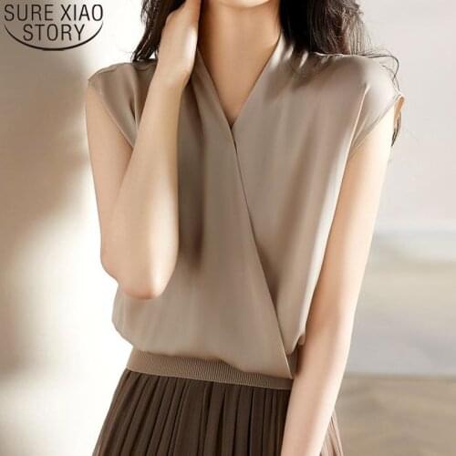 2021 Office Lady Fashion Chiffon Blouse Blusas Mujer De Moda Women V-neck Spliced Clothes Summer New Sleeveless Shirt Tops 15428