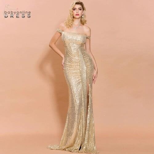Robe de Soiree Sequined Long Evening Dress Off The Shoulder Sexy Split Evening Prom Gowns Red Black Champagne Vestido