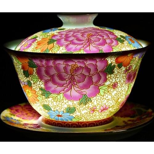 Golden Phoenix Cover Bowl Tea Cup Enamel Large Ceramic Tea Bowl Filament Peacock Handmade Sancai Bowl Tea Set