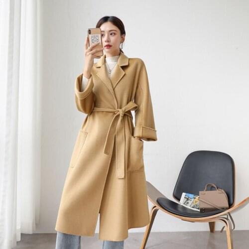2020 Winter Classic Double Sided Long Loose Woolen Overcoat Women Lacing Belt Loose Bathrobe Style Water Ripple 100% Wool Coat