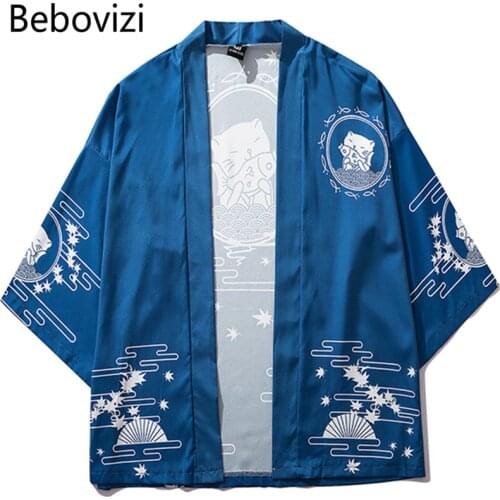 Bebovizi Japan Style Cat Printed Thin Kimono Men Japanese Streetwear Blue Jackets Casual Outerwear 2019