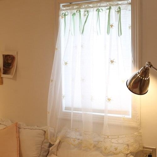Nordic Style White Flower Embroidery Lace Short Kitchen Curtain Cabinet Half Curtain Tulle for Doors Windows Bowknot Decoration