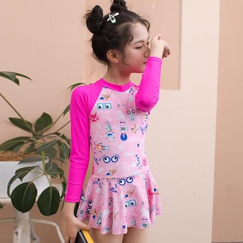 Kids Girls Swimwear Cute Print Long Sleeve Sun Protection Skirt Summer Swimsuit Child Quick Dry Bathing Suit Big Girls Beachwear
