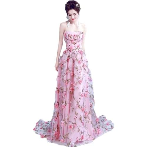Elegant Appliques Strapless A-Line Evening Dress Pink Flower Printed Backless Criss-Cross Straps Sleeveless Glamorous Skirt