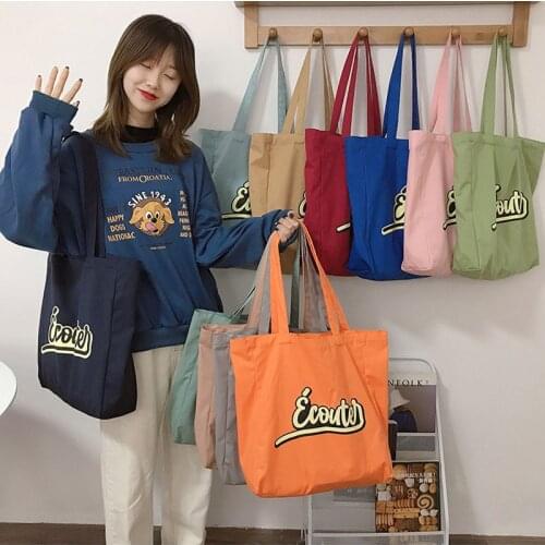 Hylhexyr Women Foldable Canvas Shopper Bags Cotton Cloth Shoulder Bag Letter Print Big Handbag Candy Color Casual Tote For Girls