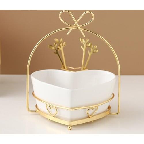 Ceramic fruit basket with fork exquisite dessert cute snack bowl luxury modern minimalist dried fruit bowl porch storage basket