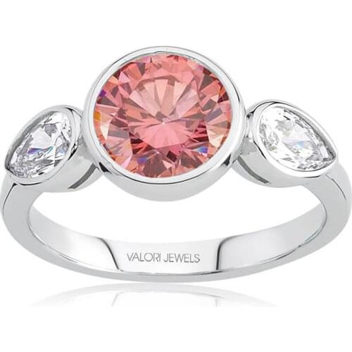 Valori Jewels 2.66 Carat, Zirconia Pink Round And White Pear Gemstone, Rhodium Plated, Sterling Silver Ring