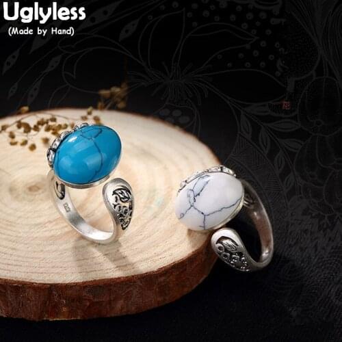 Uglyless Real 990 Fine Silver Women Handmade Natural Turquoise Finger Rings Vintage Bohemian Engraved Flower Leaf Bijoux Hollow