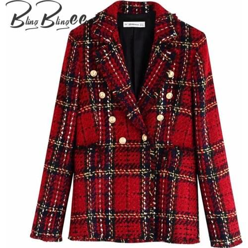 BlingBlingee Women Red Suits Plaid Skirt Set Double-Breasted Tweed Plaid Ladies Jacket Slim Elegant Bust Two Piece Urban Outfits