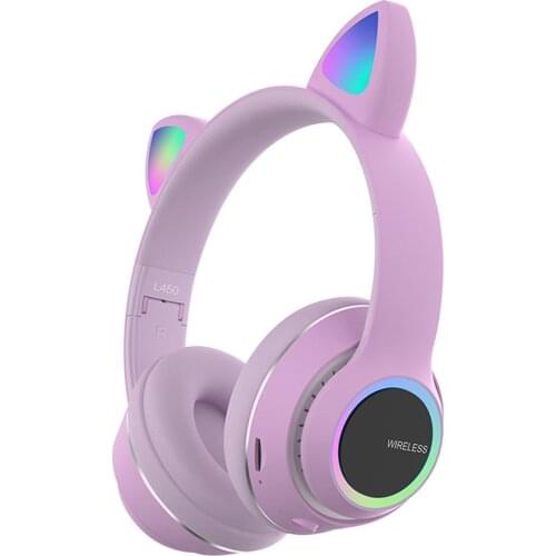 L450 Over Ear Music Headset Glowing Cat Ear Headphone 7 Color Breathing Lights Foldable BT5.0 Earphone AUX IN TF Card MP3 Player