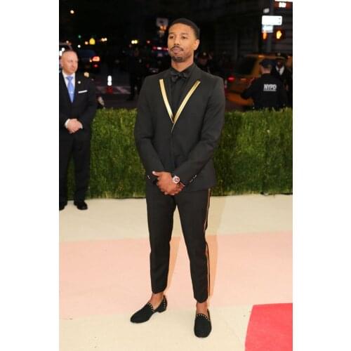 ANNIEBRITNEY Latest Coat Pant Designs Black Gold Lapel Men Prom Suit Tuxedo Slim Fit 2Pcs Suits Set Custom Groom Wedding Blazers