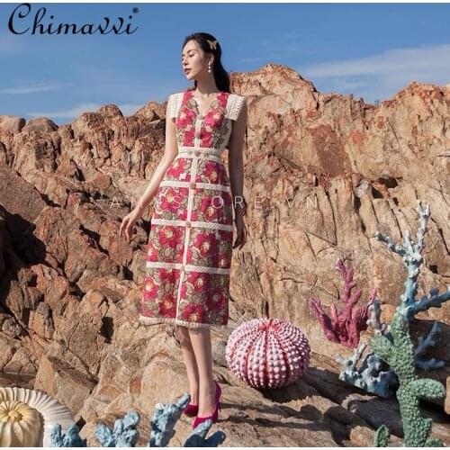 2021 Summer Elegant Fashion Sweet Floral New Embroidered Rose Red Sleeveless Dress Slimming All-match New Patchwork Dress