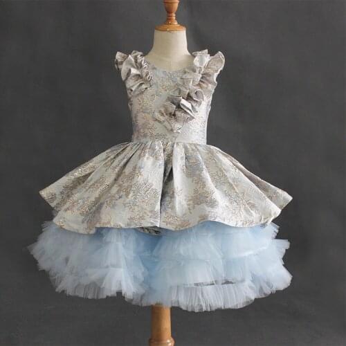 New Arrivals Sequin Embroidery Baby Blue Girls Lace Appliques Satin Tulle Princess Dresses Flower Girls Dresses
