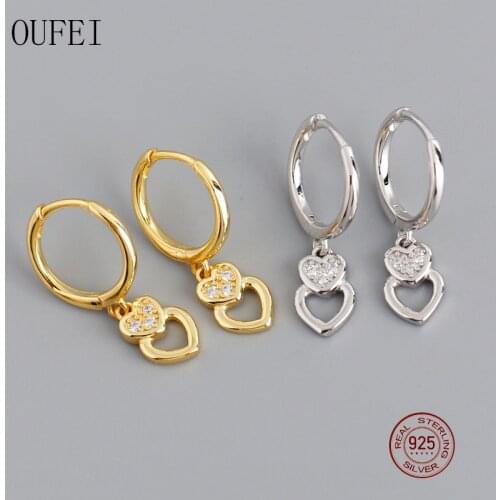 OUFEI Double Heart earrings For Women Charm Fashion 925 Sterling Silver Drop Earrings Rhinestone Minimalist Jewelry EH1053