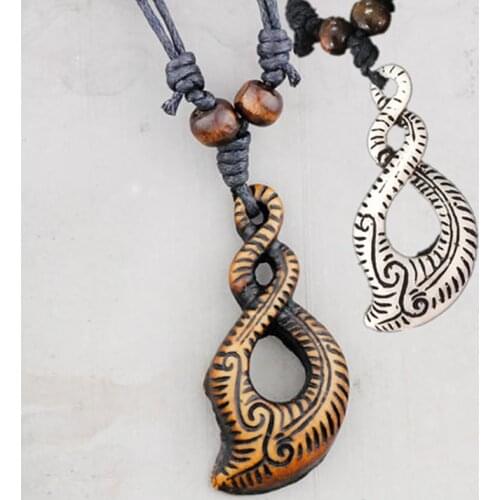 Hand Carving Simulation Bone Maori Hook Double Twist Pendant Charm Necklace Amulet Gift MN174