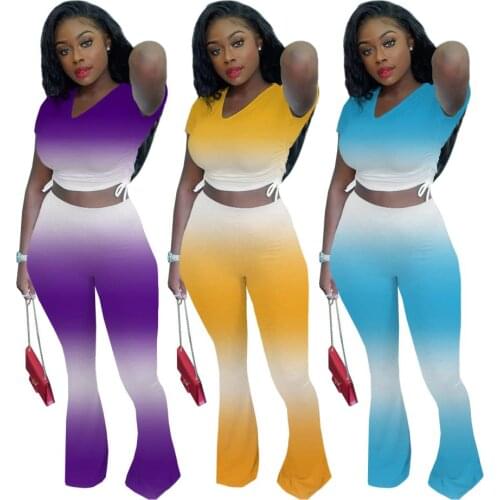 Womens Classic Outfits 2 Pieces Matching Sets Gradient Crew Neck Side Drawstring Short Sleeve Tops+Fit Flared Casual Long Pants