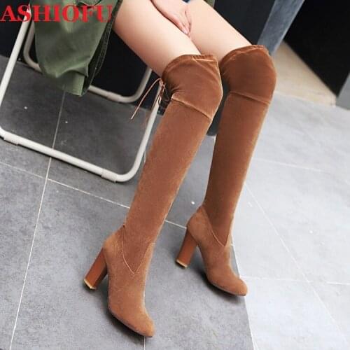 ASHIOFU New Handmade Womens Chunky Heels Over Knee Boots Shoelace Party Prom Club Boots Winter Fashion Long Boots Shoes 3-color