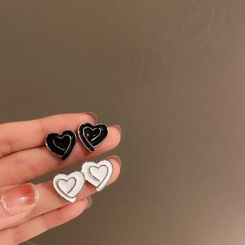Origin Summer Romantic Black White Enamel Heart Stud Earrings for Women Metallic Double Layered Love Statement Earring Brincos