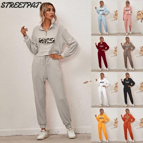 Ribbed Knitted 2 Two Piece Set Women Casual Streetwear Outfits Pocket Long Sleeve Pullover+Pants Suit Spring Loungwear 2021
