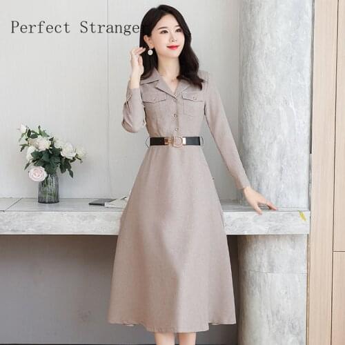 2021 Spring Autumn New Arrival Hot Sale M-3XL Turn-down Collar Women Long Cotton Linen Dress