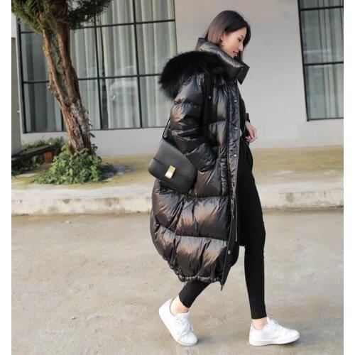 Womens winter black loose real fur collar coat fashion casual hat long style waterproof padded windproof down jacket women