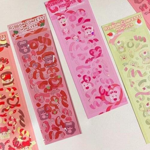 1 Sheet Cute Bear Ribbon Stickers Pattern Scrapbook Sticker PVC Hand Account Laser Stickers Mobile Computer Office Accessories