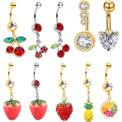 1PC 2020 Statement Strawberry Belly Rings Gold Color Surgical Steel Piercing Body Jewelry Sexy Crystal Pendant Belly Button Ring