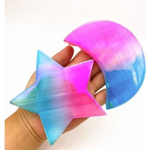 1pc Electroplated Blue and Pink Titanium Aura White Selenite Crystal Stars Moons Shaped Healing Crystal Stones Crafts Decor