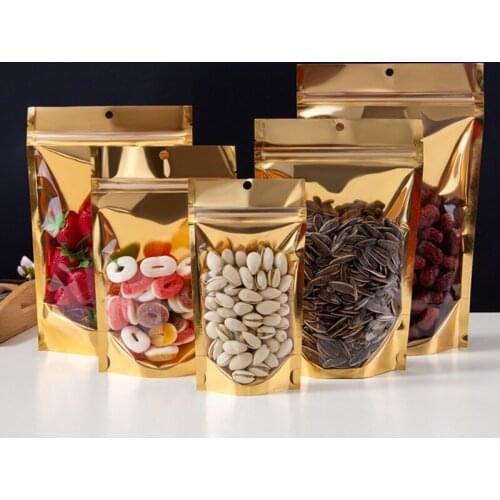 1000Pcs Gold Aluminum Foil Mylar Zipper Bag Clear Plastic Stand Up Food Storage Bag Smell Proof Coffee Beans Candy ZipLock Pouch